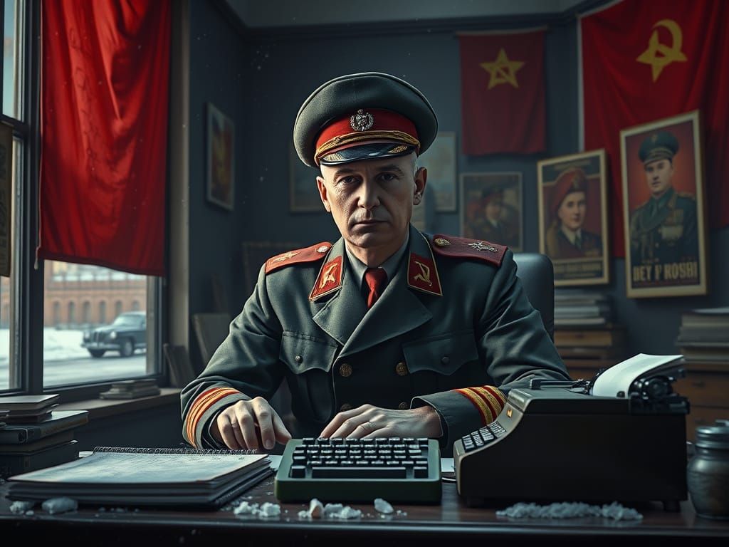 Photorealistic KGB Agent in Soviet Office