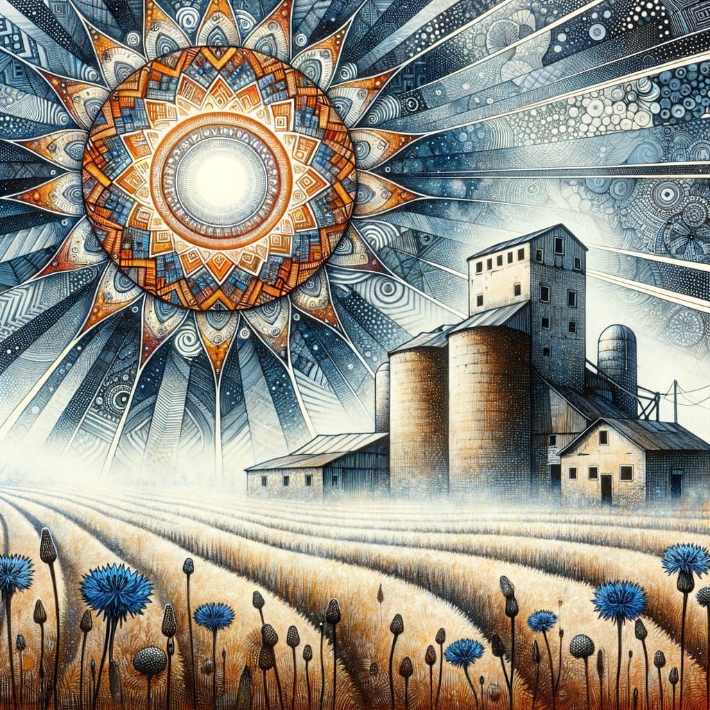 Surreal Sunlit Grain Silo Landscape in Folk Art Style