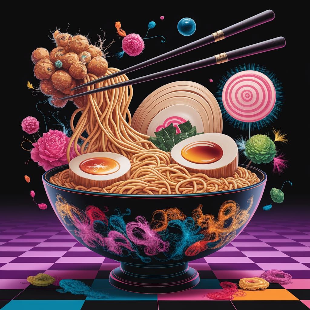 Surreal Ramen Feast in Hyperdetailed Art