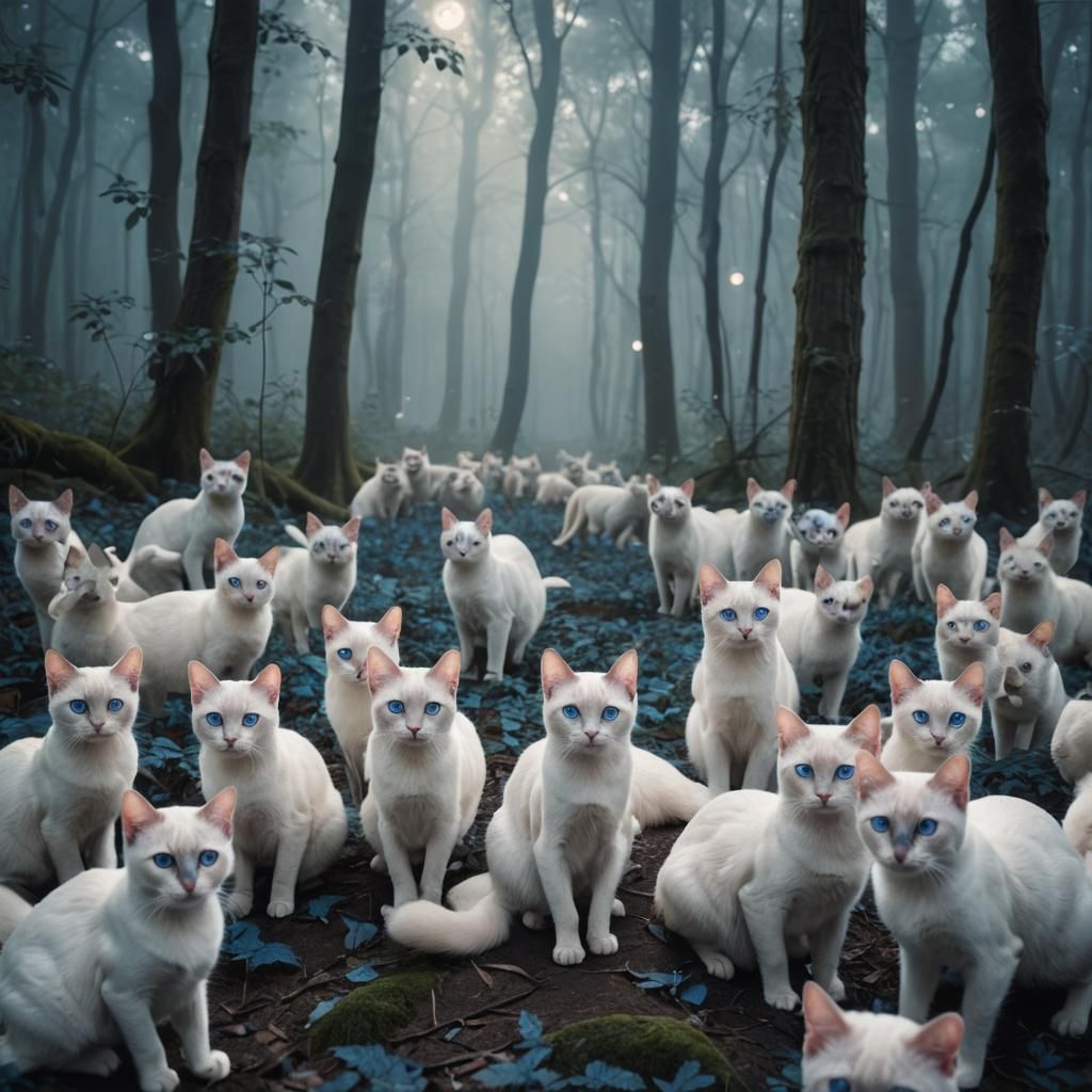 Blue-Eyed Siamese Cats Roaming in Moonlit Forest
