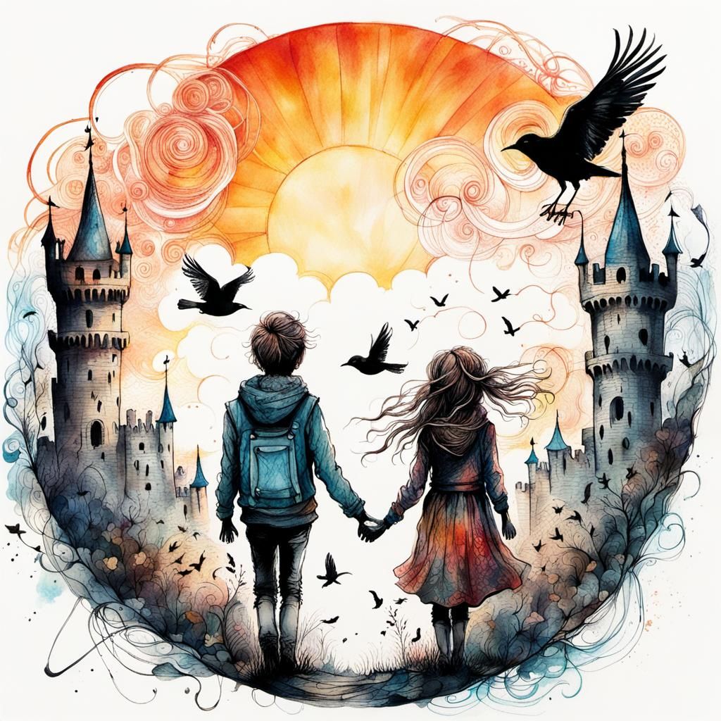 Fantasy Castle Sunset: Boy and Girl Holding Hands