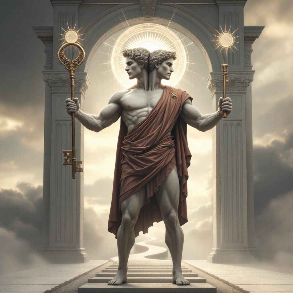 Janus, Roman God of Transitions, in Hyperrealistic Style