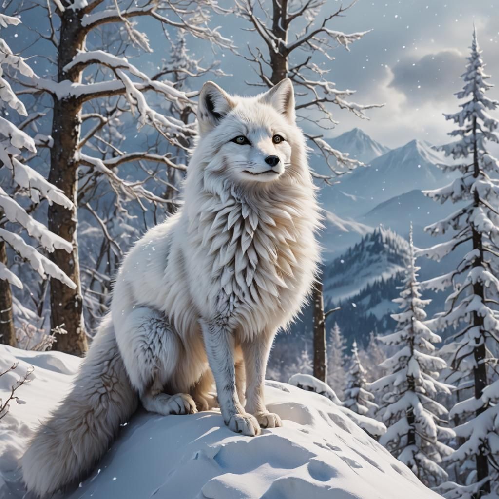 Snow Fox on Snowy Mountain in Winter Wonderland
