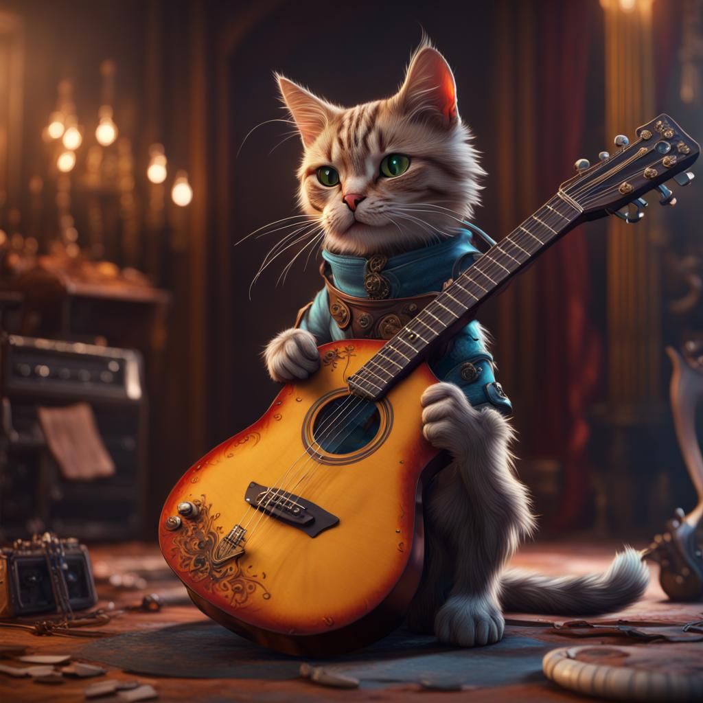 Cat Playing Guitar in Detailed Matte Painting