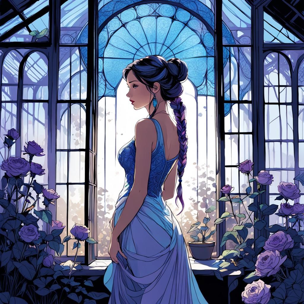 Girl with Braids in Greenhouse: Scribble Art