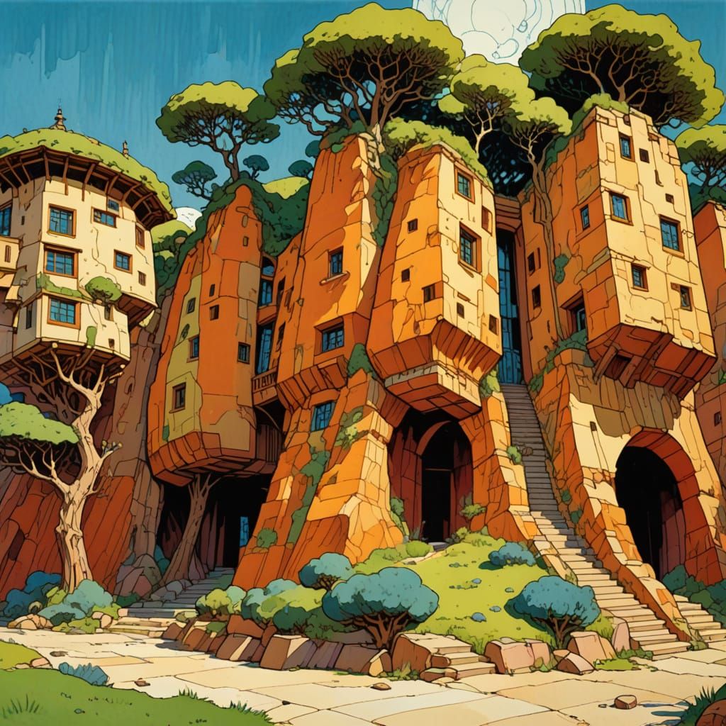 Watercolor Arcology Cliff Dwellings with Honeycomb Stone