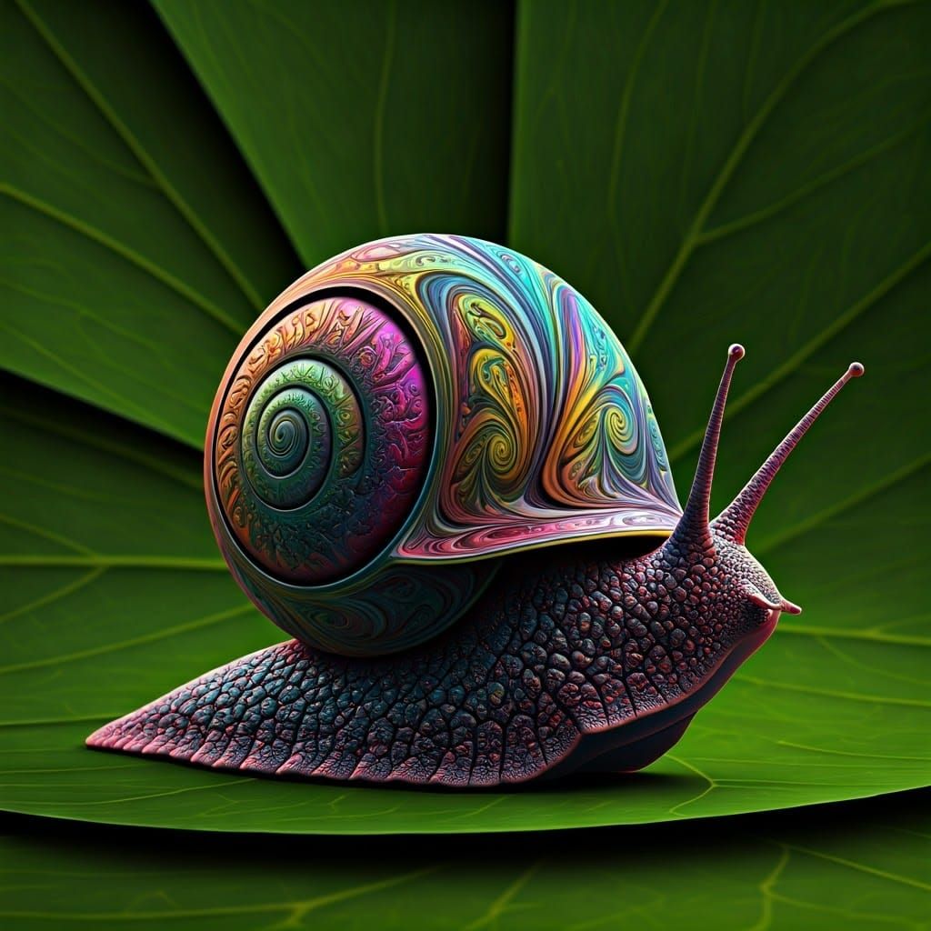 Vibrant Iridescent Fractal Snail in Whimsical Escher-Inspire...