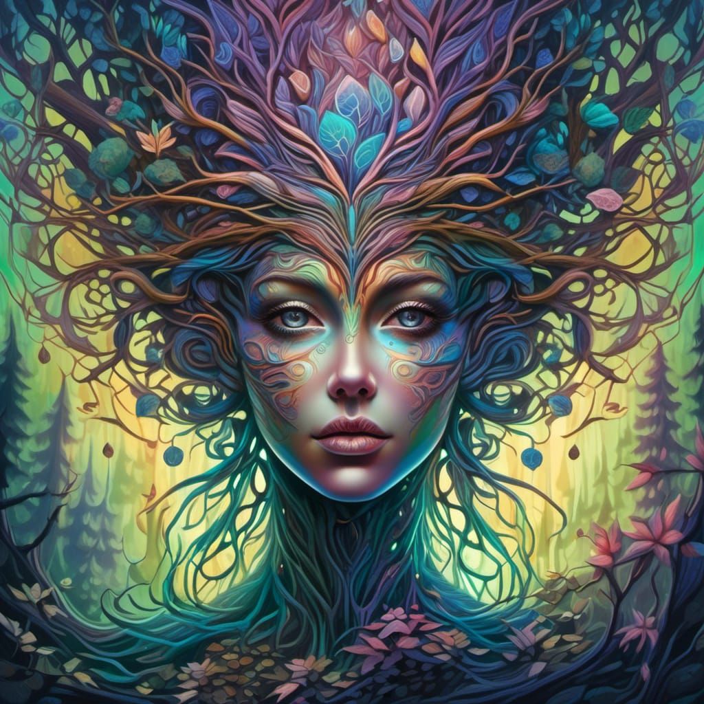 Fantasy Dryad in 3D With Galaxy Double Exposure