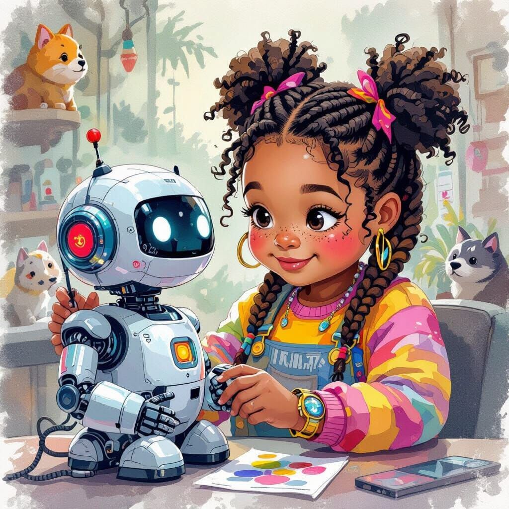 African American Girl Building Robot in Watercolor Style