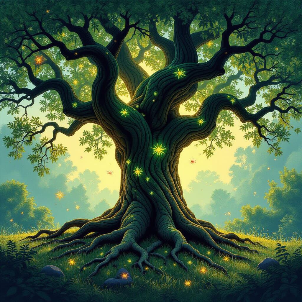 Ancient Tree With Dragon Roots in Sunlit Clearing