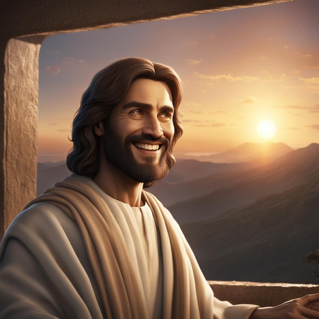 Smiling Jesus Sees Sunrise in Mirror