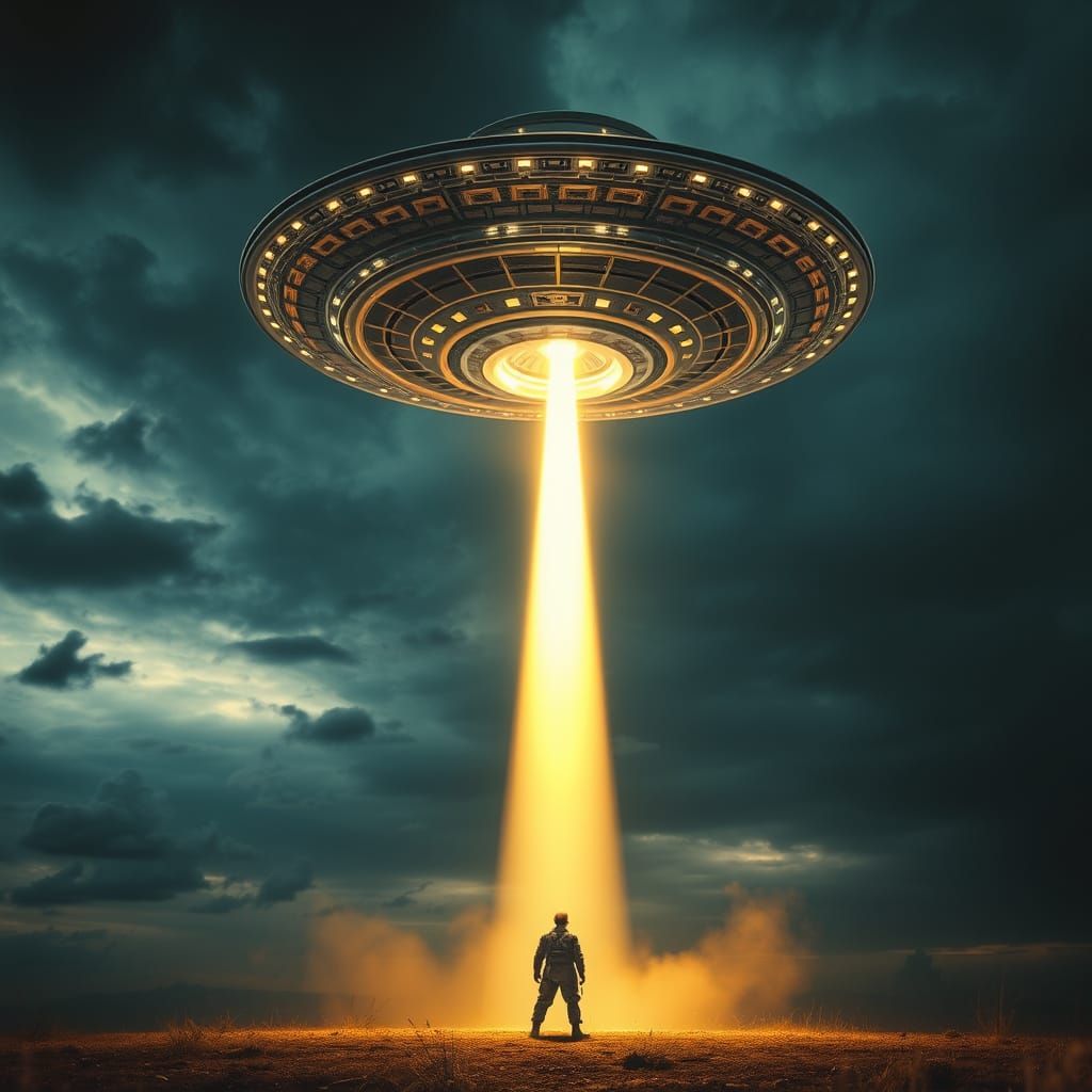 Man Ascends into Glowing UFO Amidst Dramatic Skies