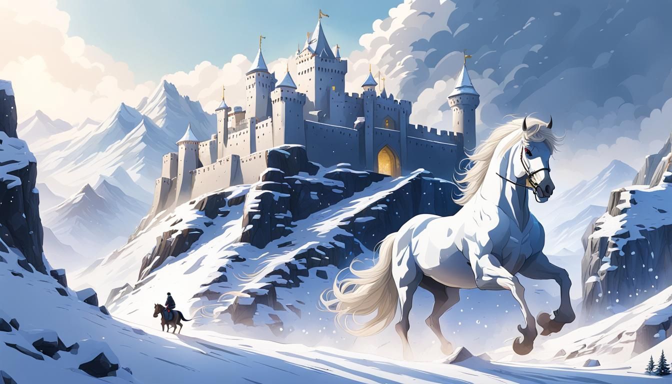 White King on Stallion Approaching Snowy Fortress