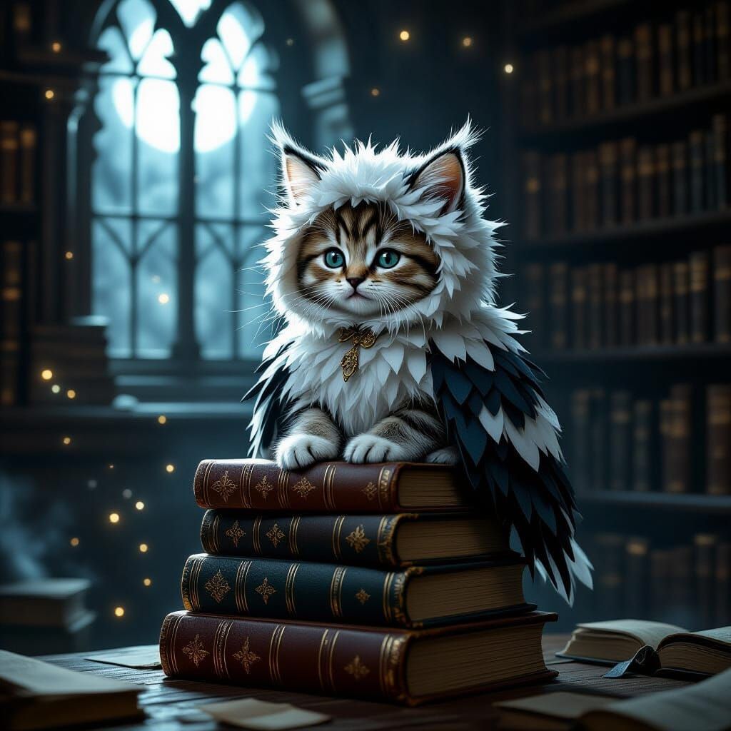Kitten in Owl Costume on Books in Dusty Library