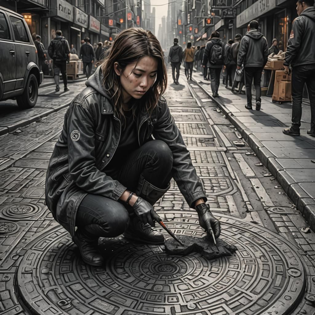 Cyberpunk Street Scene: Woman's Charcoal Art