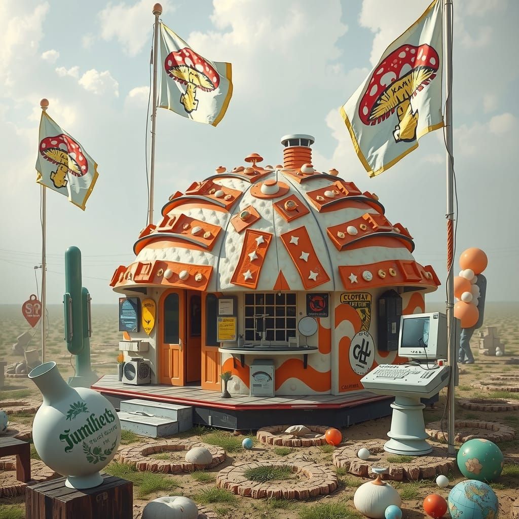 Surreal 17th Century Computer with Mushroom Flags