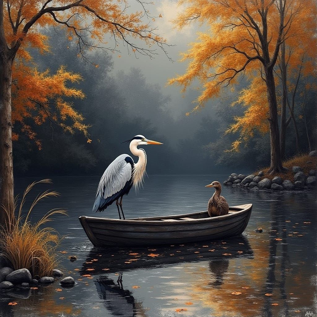 Ethereal Heron in a Muted Autumn Night