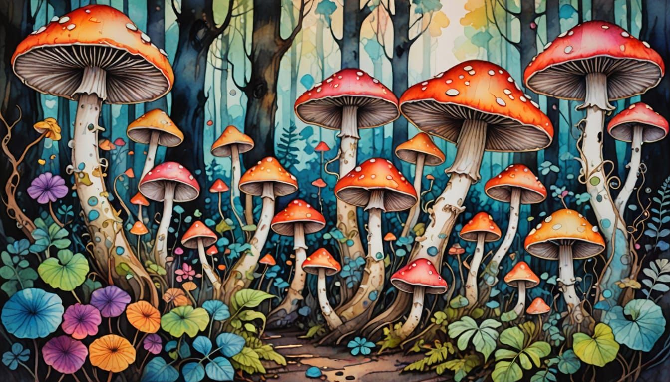 Watercolor Magic Mushrooms in Vibrant Hues