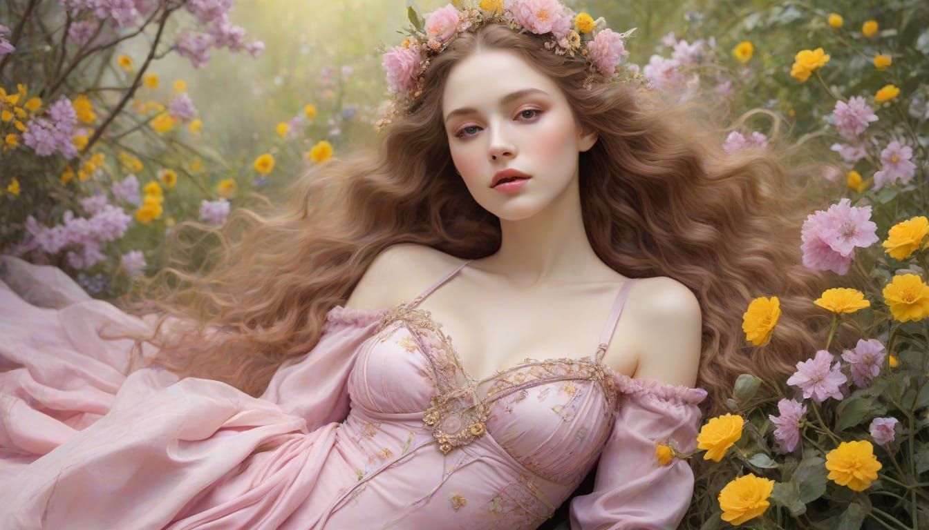 Ethereal Watercolor Muse in Vibrant Spring Bloom