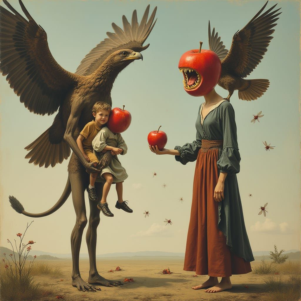 Dürer Style Humanoids with Children and Eagle