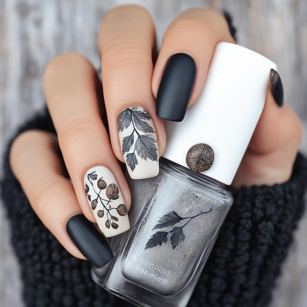 Autumnal Nail Art Concept with Leaves and Acorns
