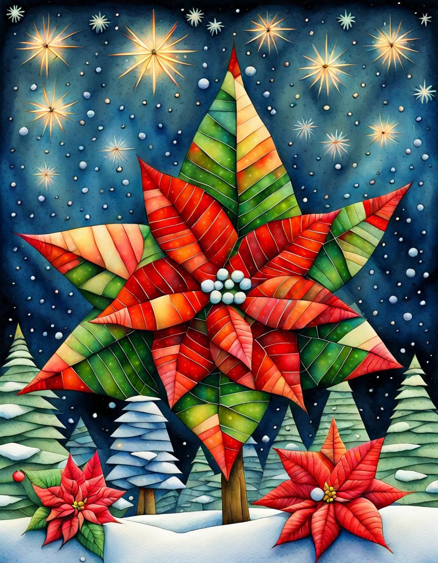 Festive Christmas Poinsettia in Cubist Aquarelle Style