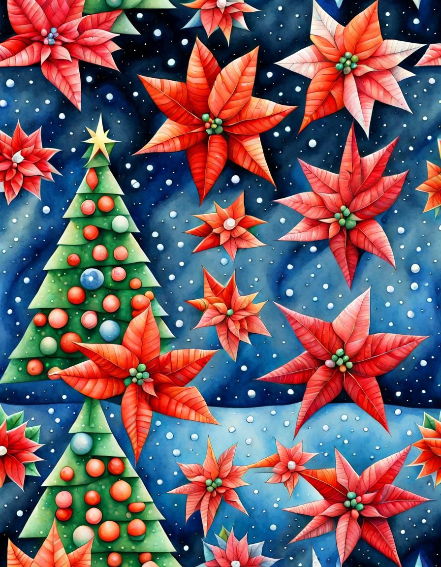 Vibrant Cubist Christmas Scene with Iridescent Trees