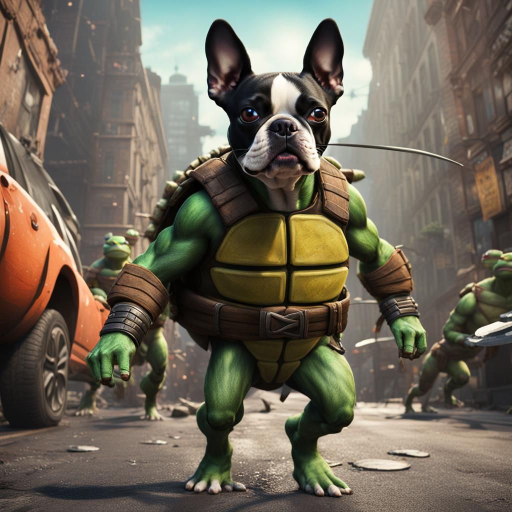 Boston Terrier as Ninja Turtle: Detailed Digital Art