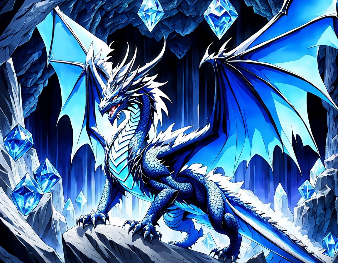Vibrant Blue Dragon in Crystal Cave, Anime Style