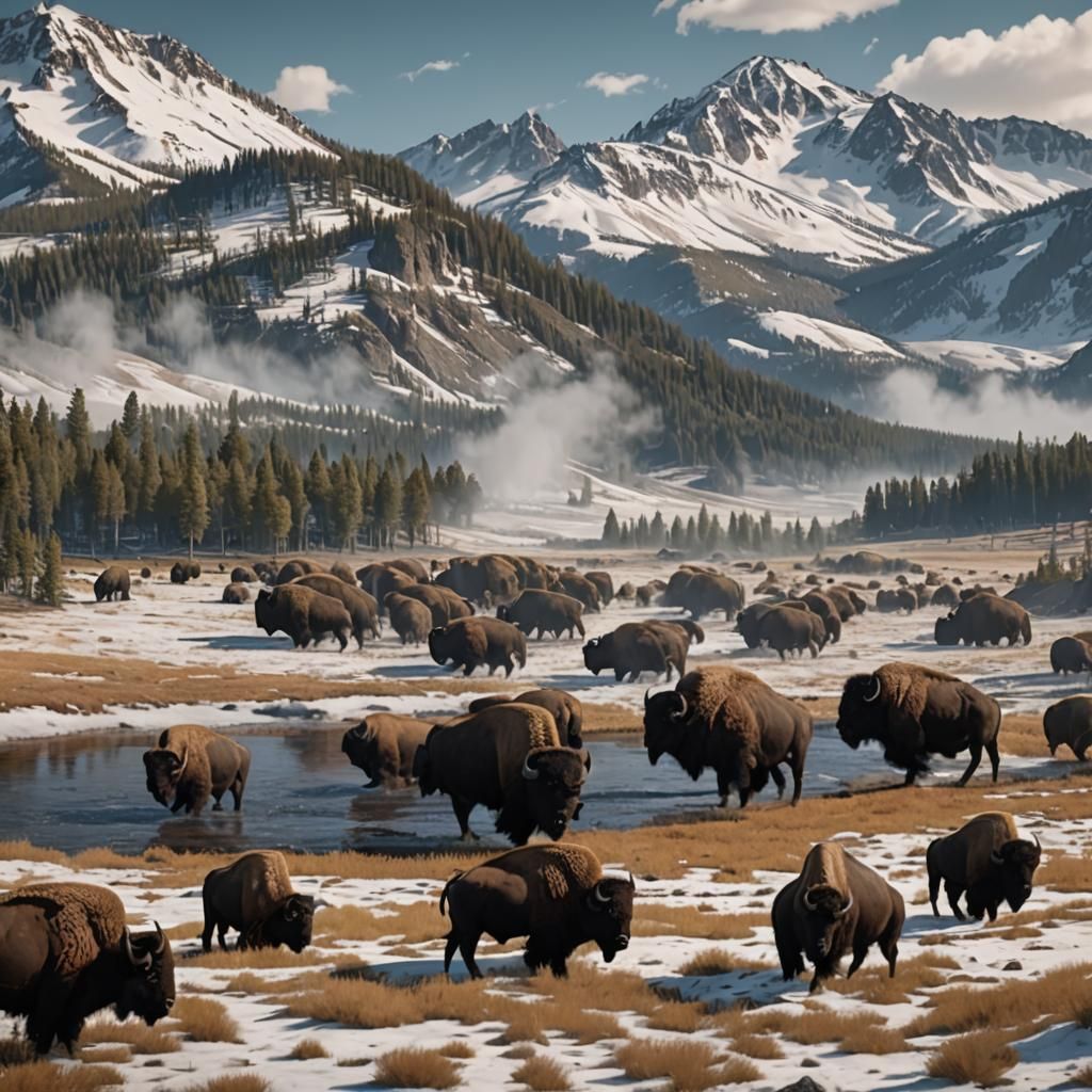 American Bison Herd in Yellowstone: Matte Painting