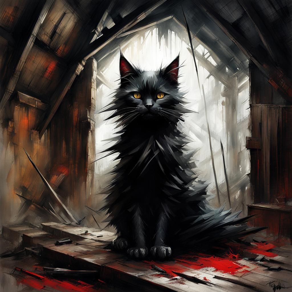 Sinister Black Cat in Eerie Attic, Digital Art
