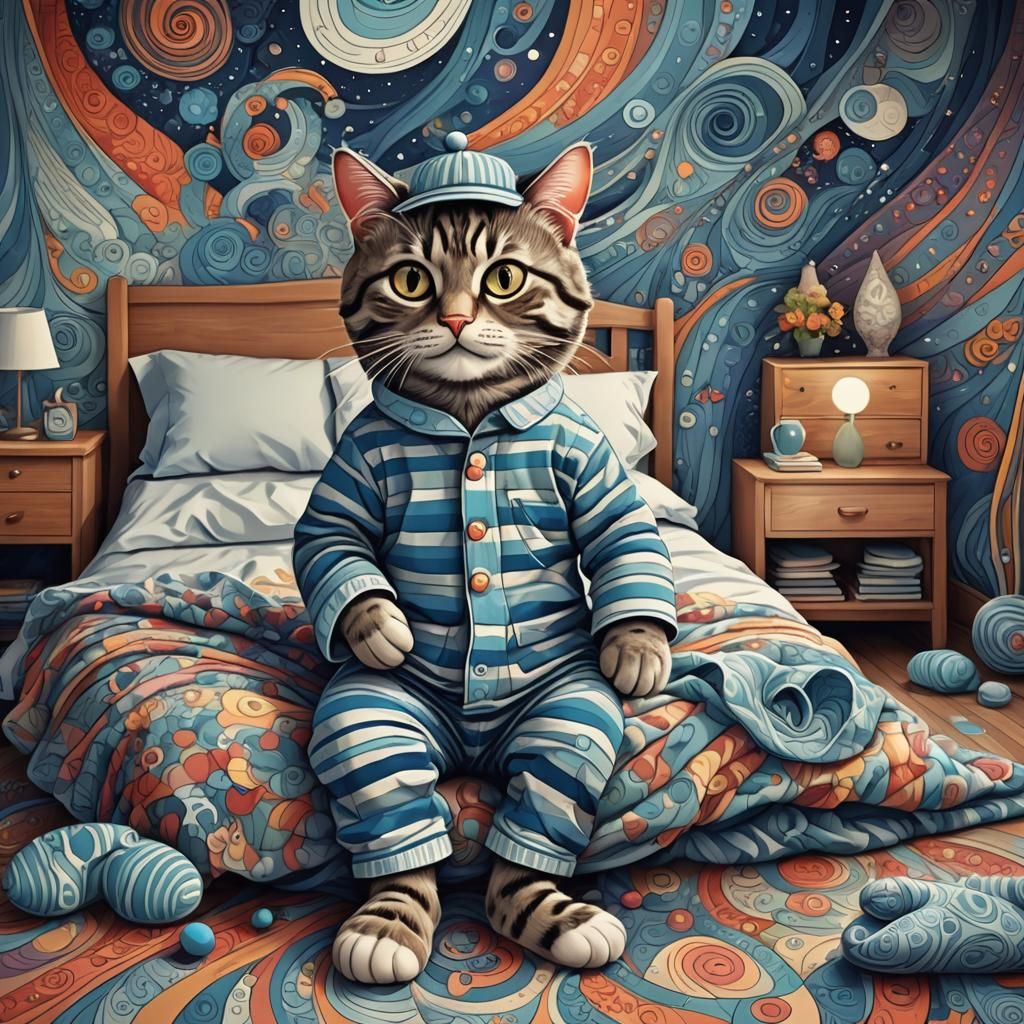 Anthropomorphic Cat in Pajamas with Abstract Art
