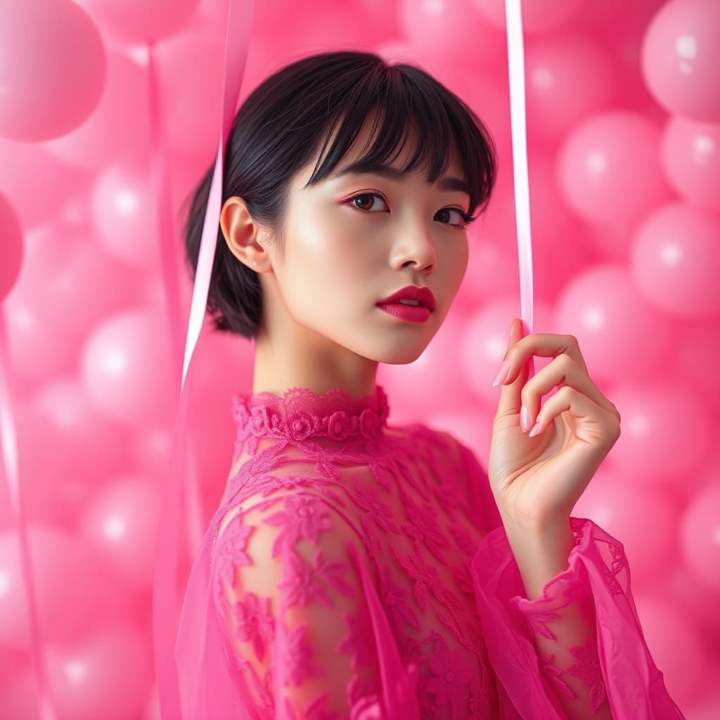 High-Fashion Japanese Model in Pink Lace Gown