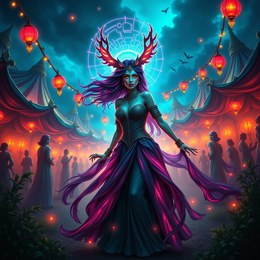 Mystical Carnival at Dusk in Cyberpunk Mystical Realism