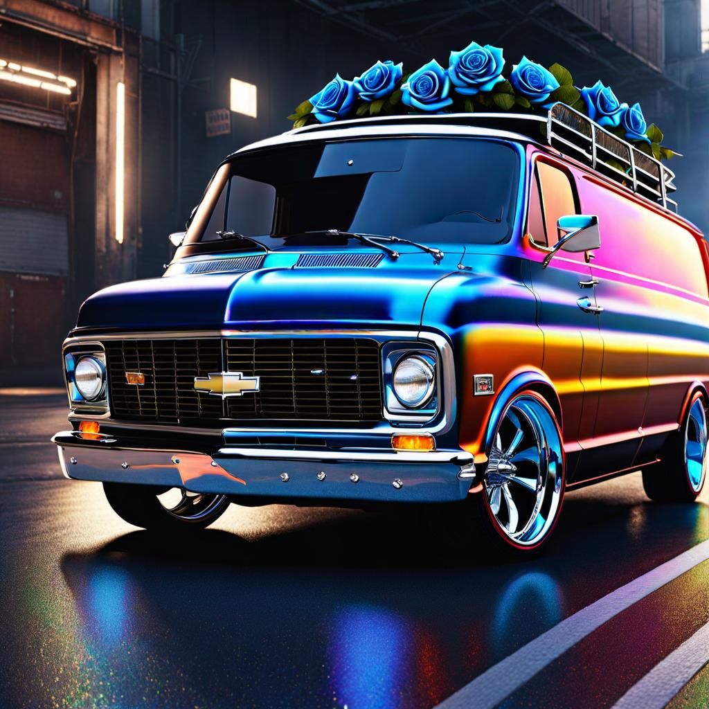 Custom Chevy Van Hotrod with Roses: Digital Art