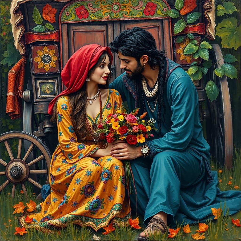 Gypsy Couple in Love, Expressionist Impasto Painting