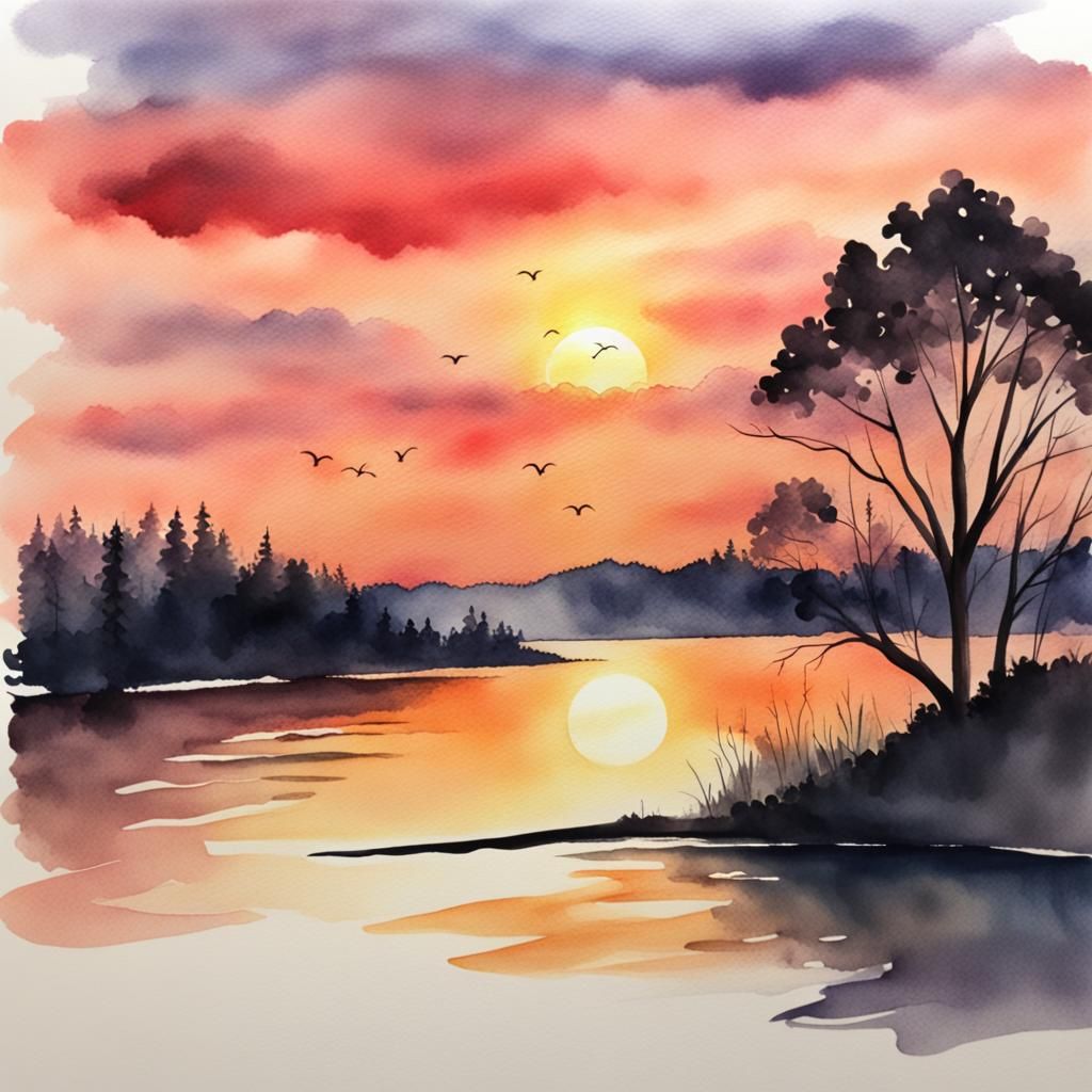 Watercolor Sunset Landscape Painting
