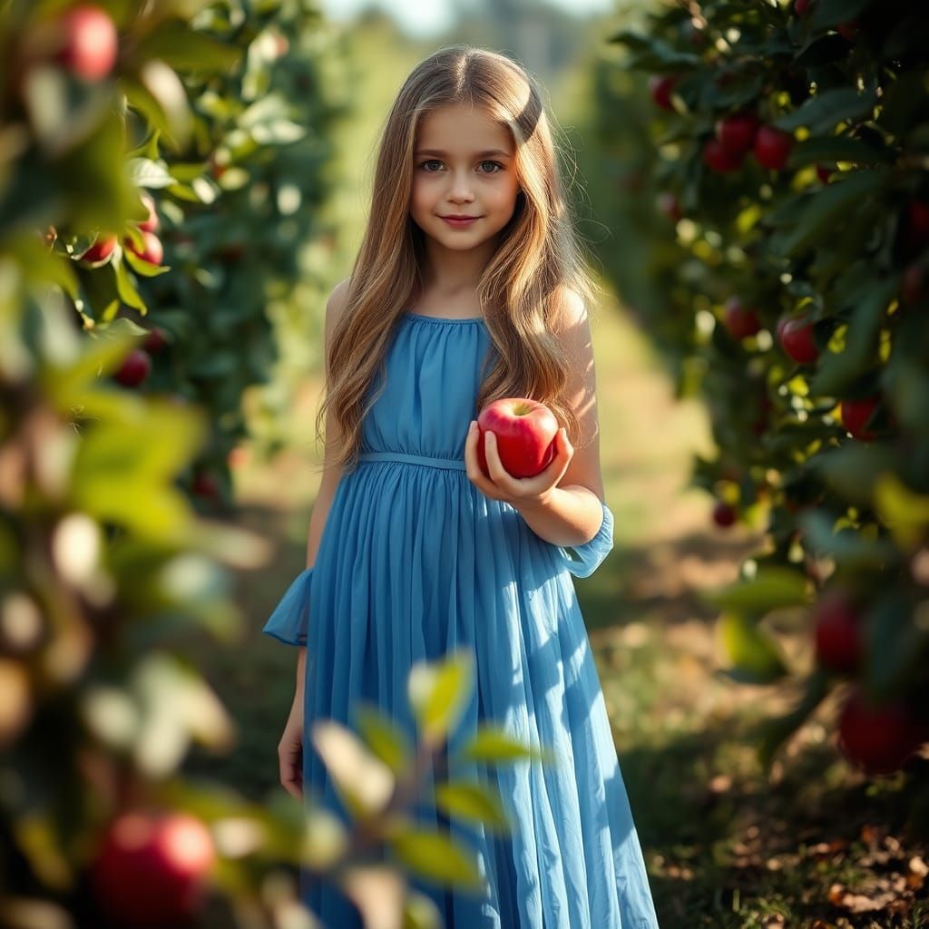 Girl in Blue Dress in Apple Orchard