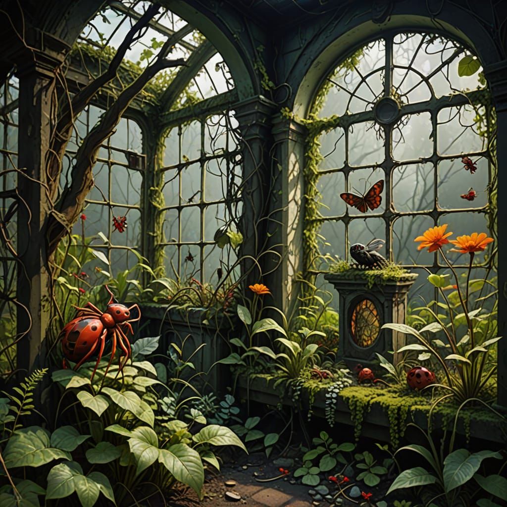 Eerie Overgrown Fantasy Garden with Monster Statues