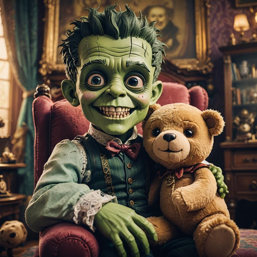 Cute Chibi Frankenstein Monster in Whimsical Parlour