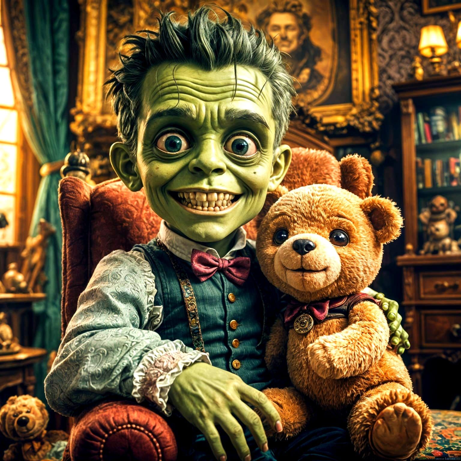 Cute Chibi Frankenstein Playing with Teddy Bear