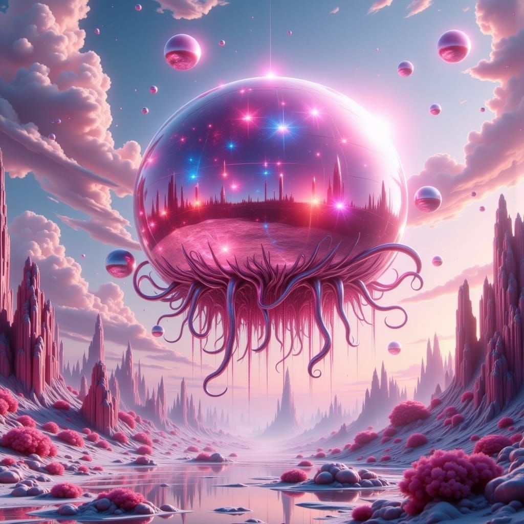 Surreal Pink Bubble Spaceship Descends on Alien World