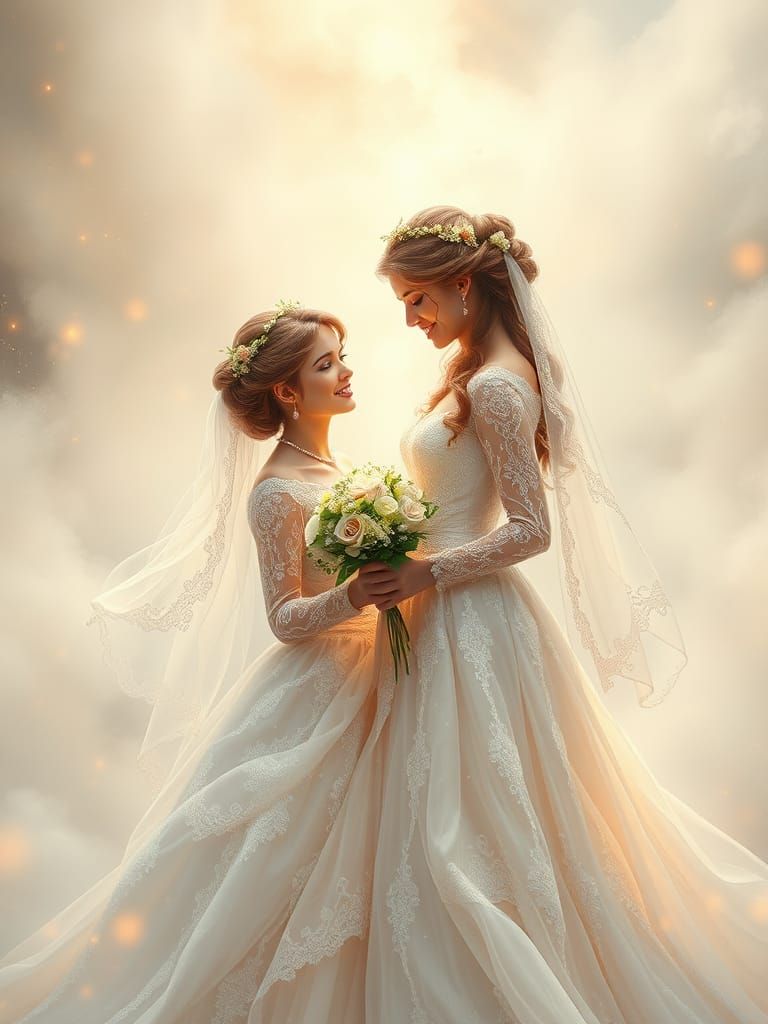 Ethereal Lesbian Wedding Couple in Whimsical Dreamlike Atmos...