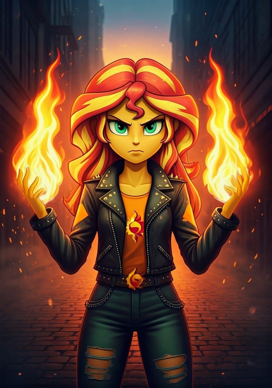 Sunset Shimmer Conjuring Flames in a Foggy Alley