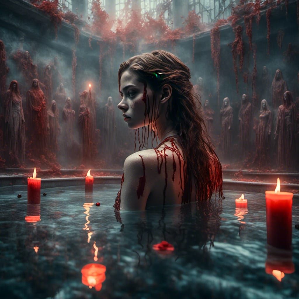 Blood Pool Scene with Candles and Reflections
