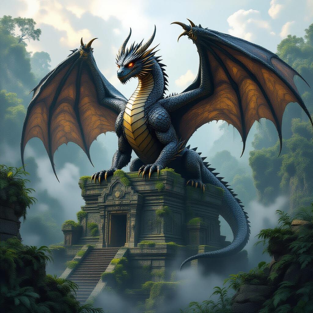 Ancient Obsidian Dragon on Ruined Temple