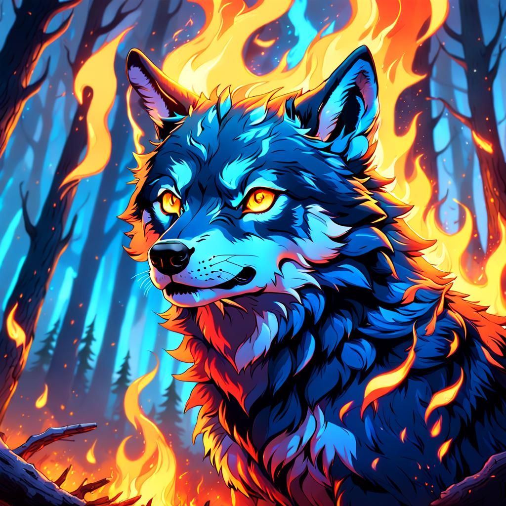 Fiery Wolf Pup in Mystical Forest