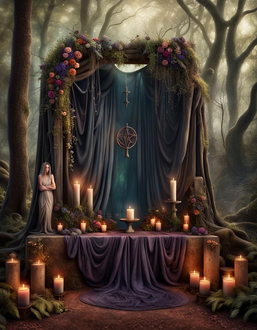 Woodland Altar with Mystical Symbols in Digital Painting