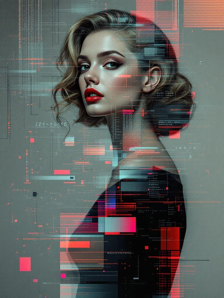 Glitch Photography of Pin-Up Woman with Digital Code Overlay