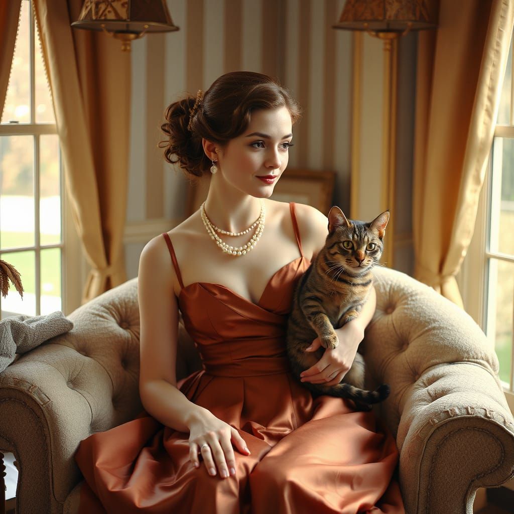 Elegant Lady with Cat in Beatrix Potter Style